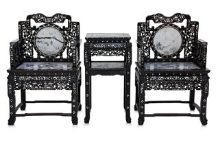 A PAIR OF MARBLE AND MOTHER OF PEARL INLAID CHAIRS AND TABLE