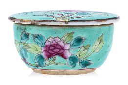 A FAMILLE ROSE TURQUOISE GROUND POWDER BOX