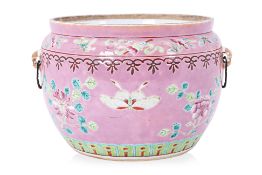 A PINK GROUND FAMILLE ROSE 'BUTTERFLY' KAMCHENG BOWL