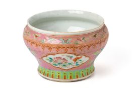 A PINK GROUND FAMILLE ROSE 'BUTTERFLY' SPITTOON
