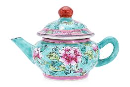 A FAMILLE ROSE TURQUOISE GROUND TEAPOT