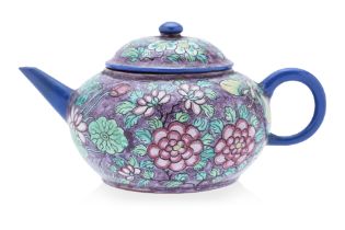 A SMALL BUTTERFLY & PEONY ENAMELLED YIXING TEAPOT