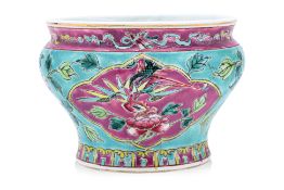 A TURQUOISE GROUND FAMILLE ROSE SPITTOON