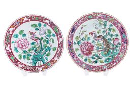 TWO FAMILLE ROSE PHOENIX AND PEONY PLATES