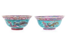 TWO TURQUOISE GROUND FAMILLE ROSE BOWLS