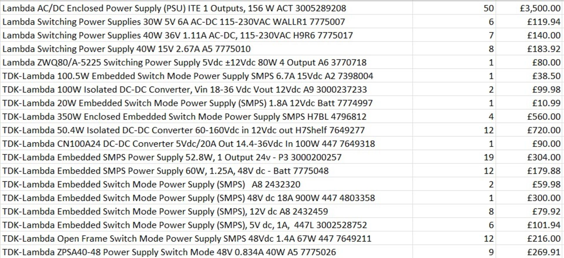 £7k worth of TDK-Lambda items across 19 products - SMPS / Converters etc