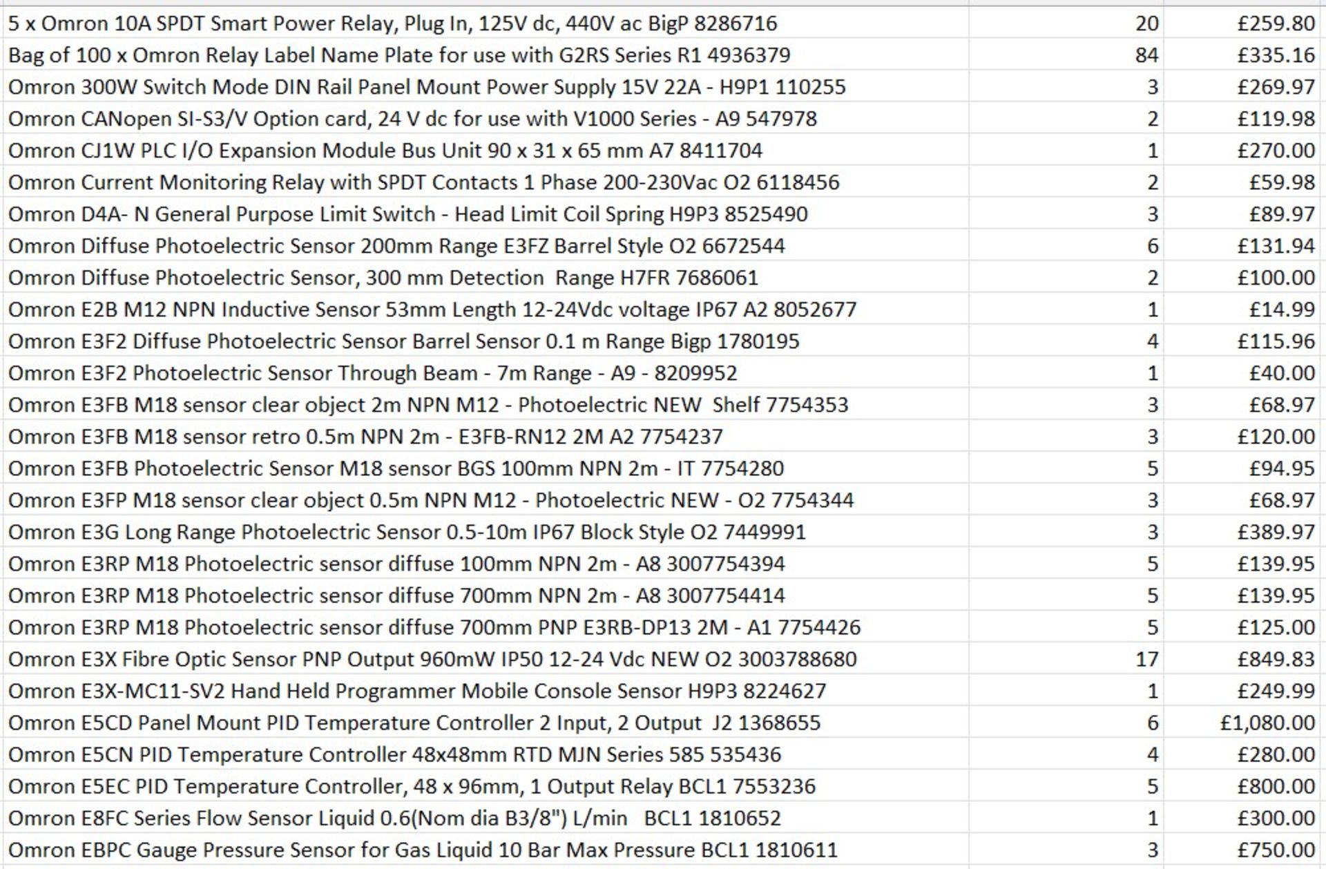 £30k worth of Omron items across 70 products - sensors / temperature controllers etc