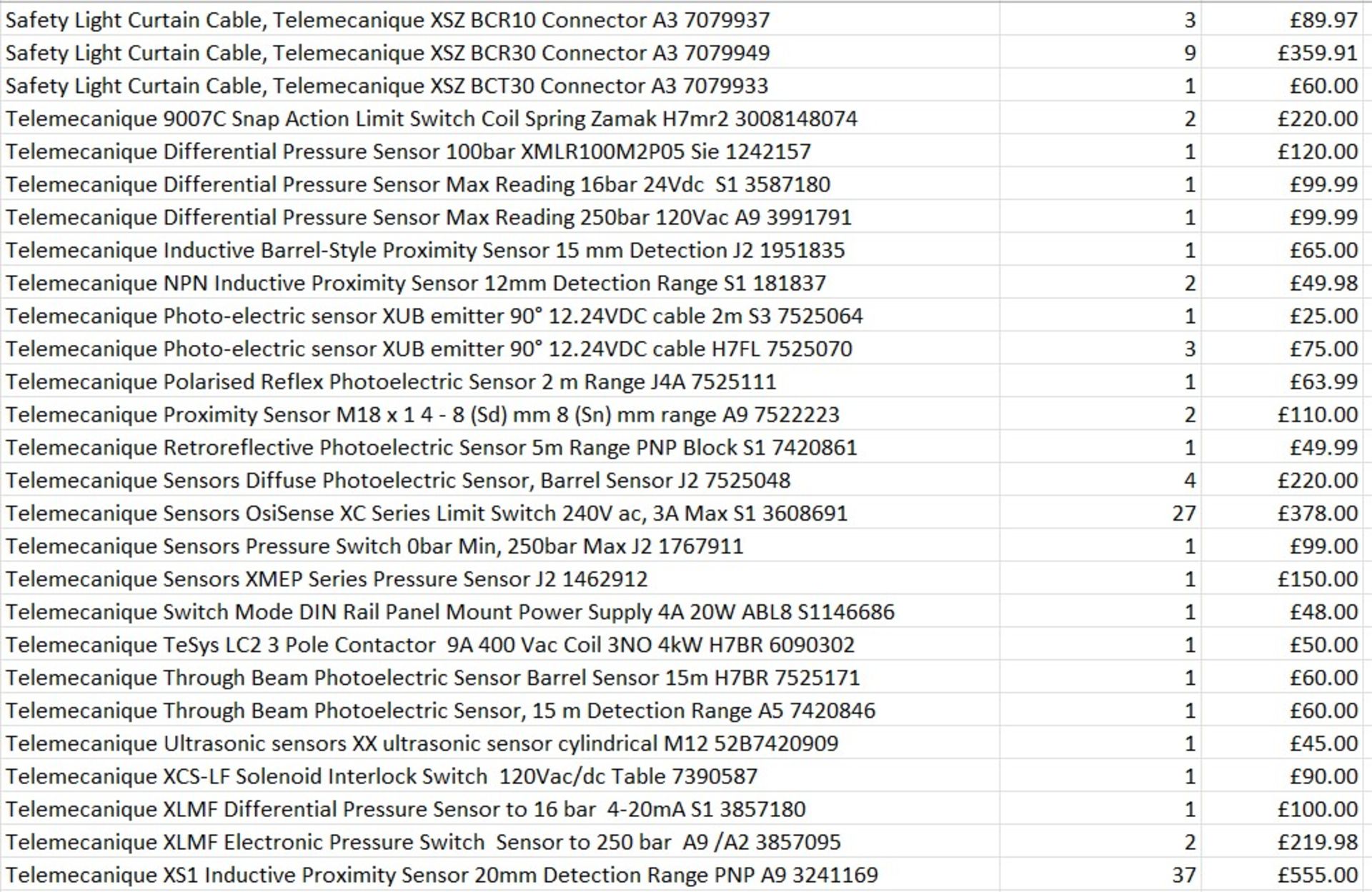 £3.6k worth of Telemecanique items across 29 products - sensors / cable etc