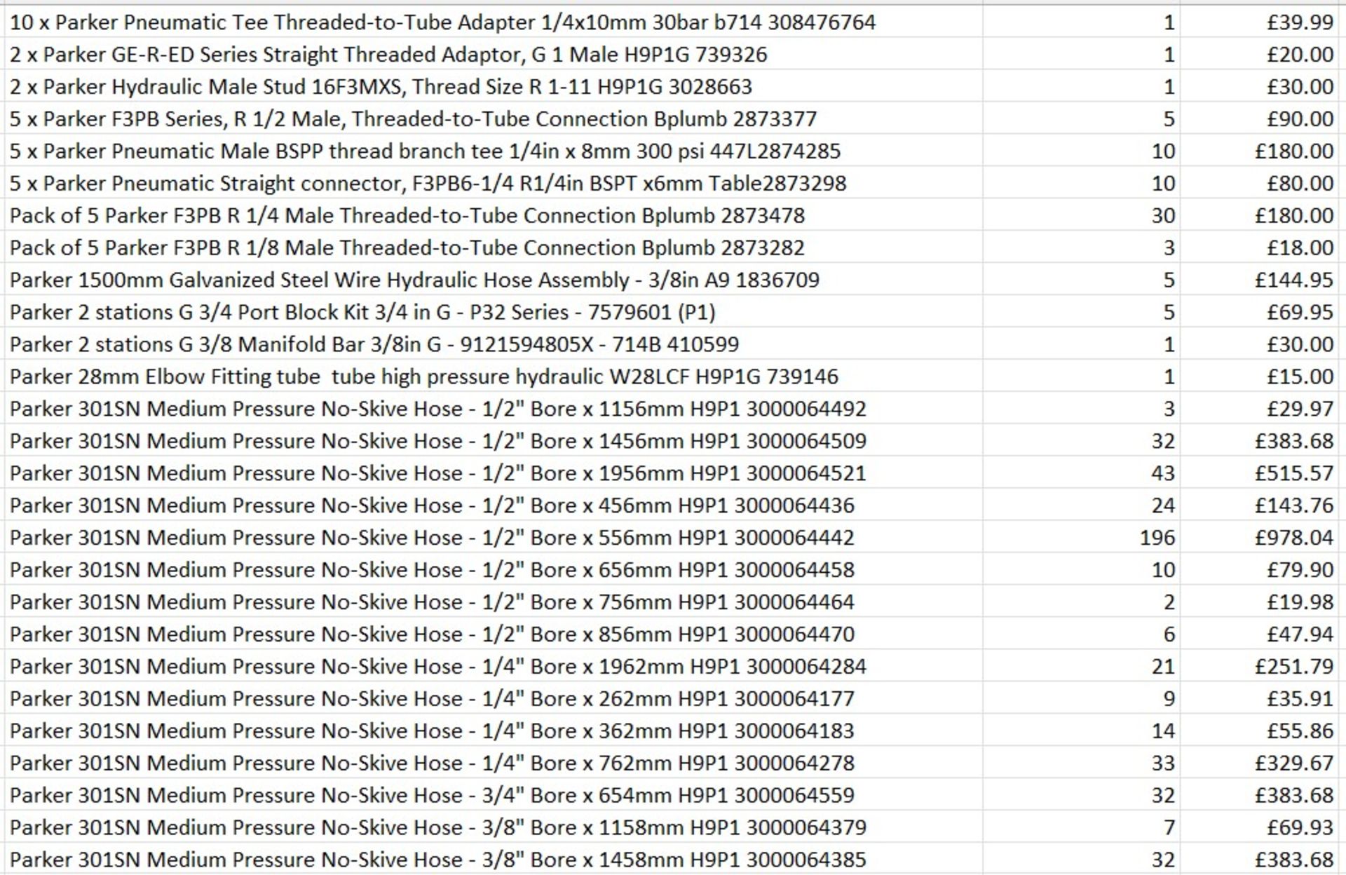 £8k worth of Parker items across over 40 products - no skive hoses / pneumatic cylinders etc