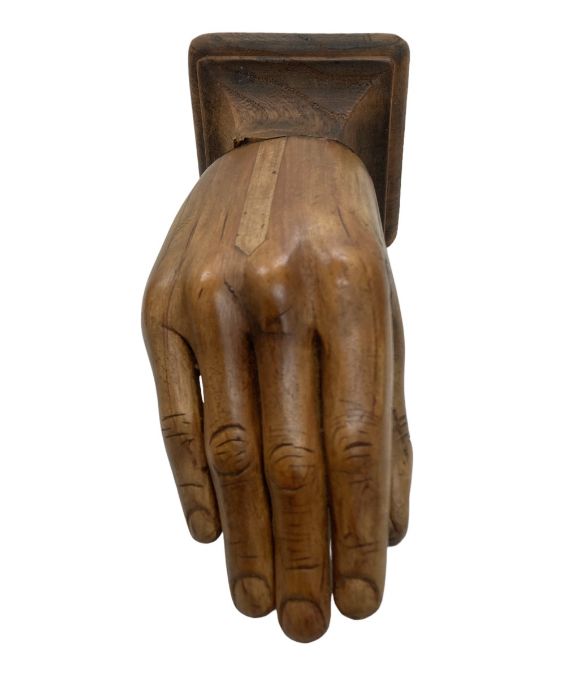 Antique prosthetic wooden hand with metal base, mounted onto a wooden plinth. - Image 3 of 5