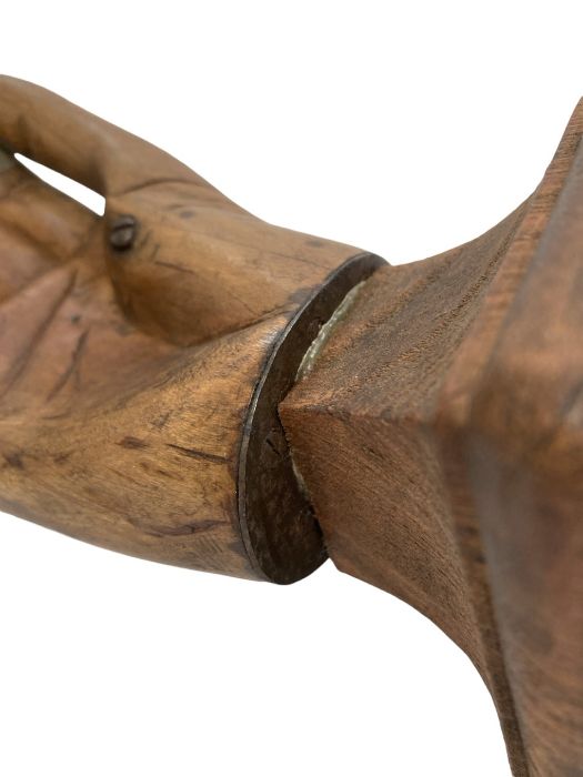 Antique prosthetic wooden hand with metal base, mounted onto a wooden plinth. - Image 2 of 5