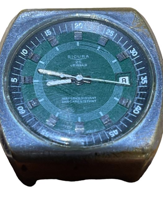 Vintage Green Face Sicura Automatic Watch with rotating inner dial - working order. - Image 6 of 8