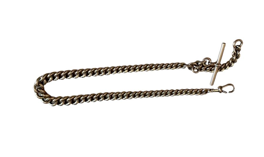 9ct Gold graduated curb link watch albert chain with clip and T-Bar - 34cm long - approx 46.4 grams. - Image 6 of 6