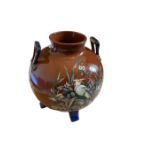 Antique Two Handled Aesthetic Vase decorated with Birds and Foliage-8 1/2" tall and 8 1/2" at widest