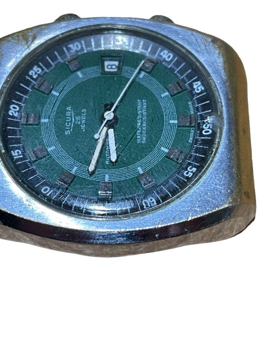 Vintage Green Face Sicura Automatic Watch with rotating inner dial - working order. - Image 3 of 8