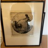 Framed signed in pencil Percy Smith etching 8/30 "The Girl and the Goat".