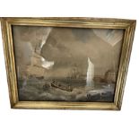 Antique Victorian Naive Watercolour of Ships. Rowing Boat and Martello Tower.
