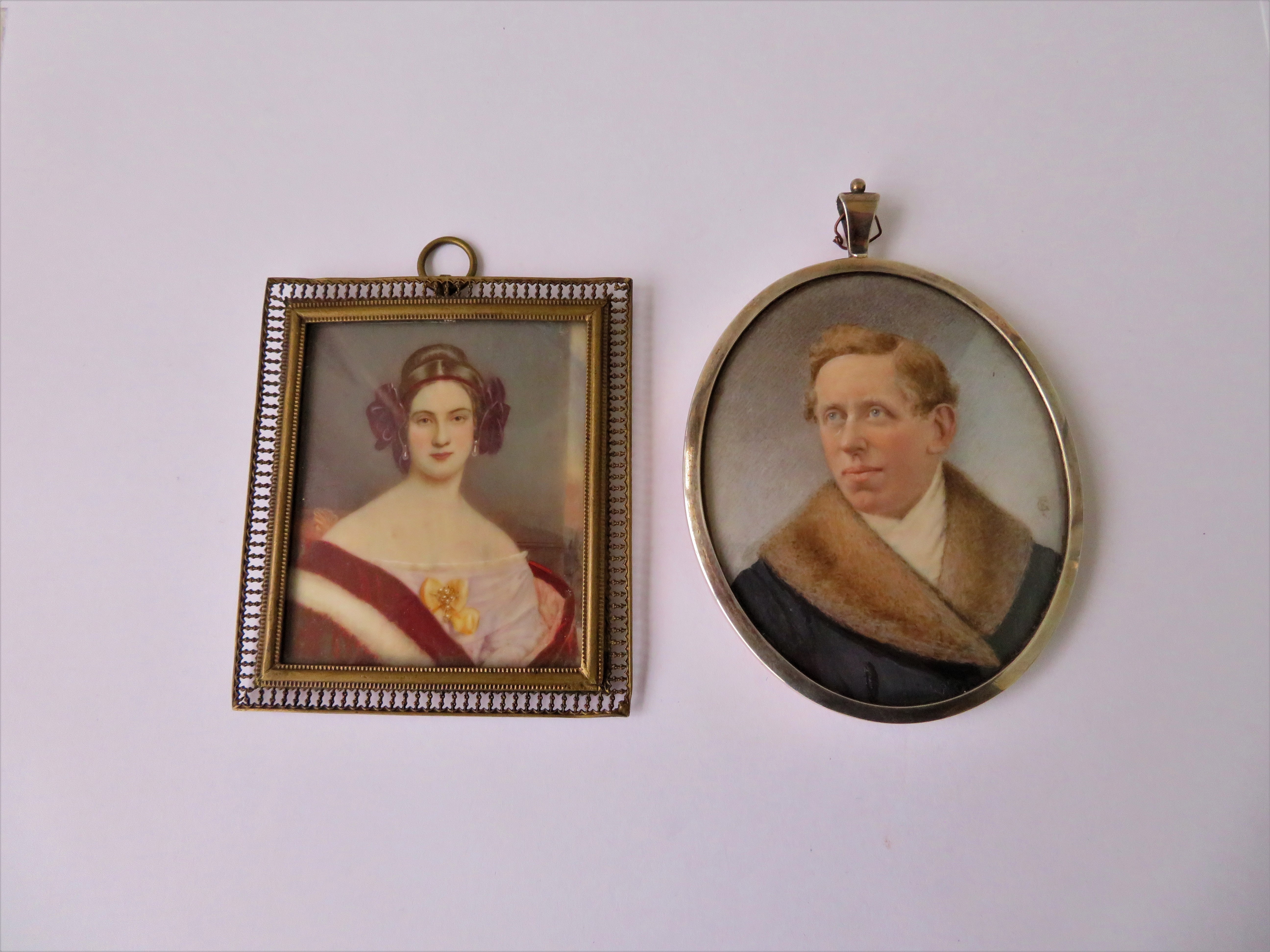 2 x Antique Hand Painted Portrait Miniatures incl frame approx Lady 76mmx 65mm - Gent 80mm x 67mm