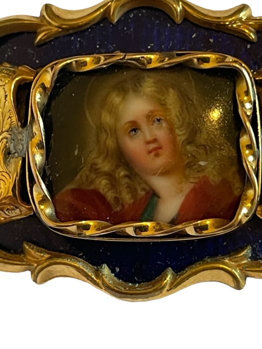 Antique Gold and Blue Enamel Portrait Brooch - 40mm x 33mm - 15.00 grams total weight. - Image 2 of 5