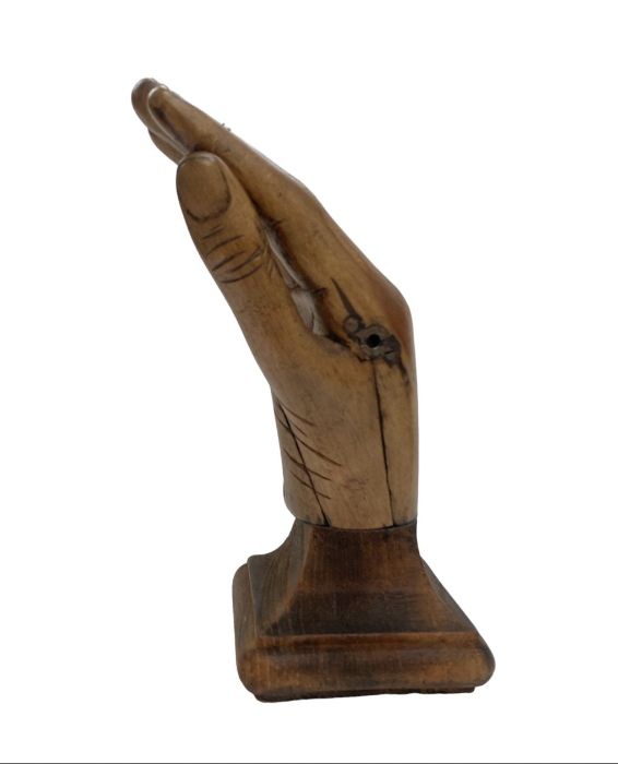 Antique prosthetic wooden hand with metal base, mounted onto a wooden plinth. - Image 4 of 5