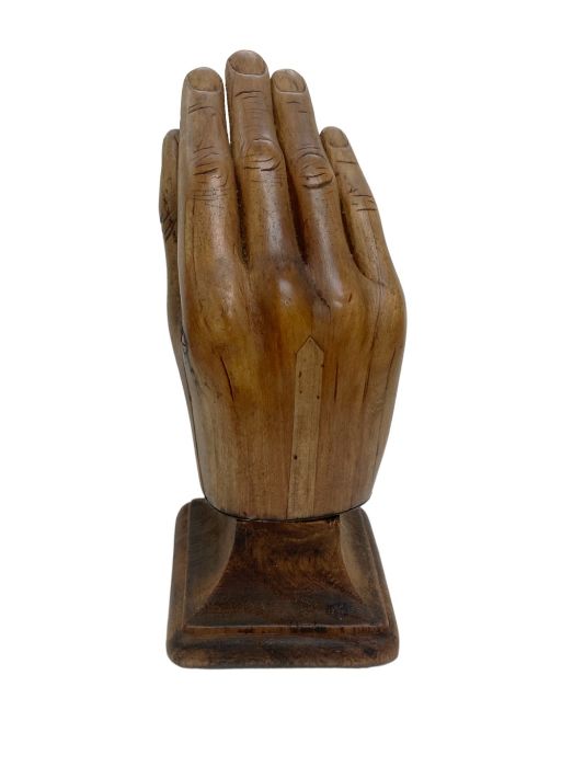 Antique prosthetic wooden hand with metal base, mounted onto a wooden plinth. - Image 5 of 5