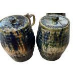 Duo of Antique 11" tall Scottish Pottery Pots with Lids - Sugar and Scones.