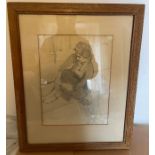 Laura Knight signed Pencil Drawing of Seated Lady - actual drawing12 1/2" x 9 1/2".