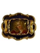 Antique Gold and Blue Enamel Portrait Brooch - 40mm x 33mm - 15.00 grams total weight.