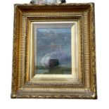 Joseph Denovan Adam 1878 Gilt Framed Oil Painting of Cattle - actual oil 7 1/2" x 5 5/8"