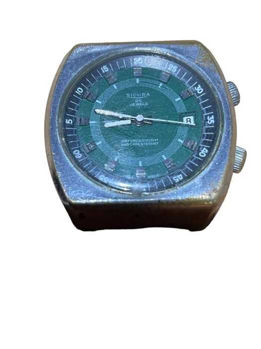 Vintage Green Face Sicura Automatic Watch with rotating inner dial - working order. - Image 2 of 8