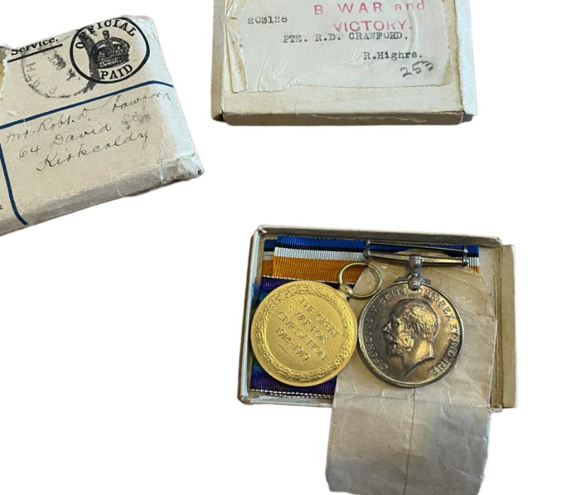 World War One pair of Medals to a PTE R D Crawford Royal Highlanders. - Image 3 of 5