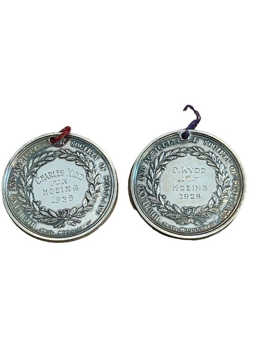 Duo of Highland Agricultural Society Hoeing Medals awarded to a Charles Kidd.