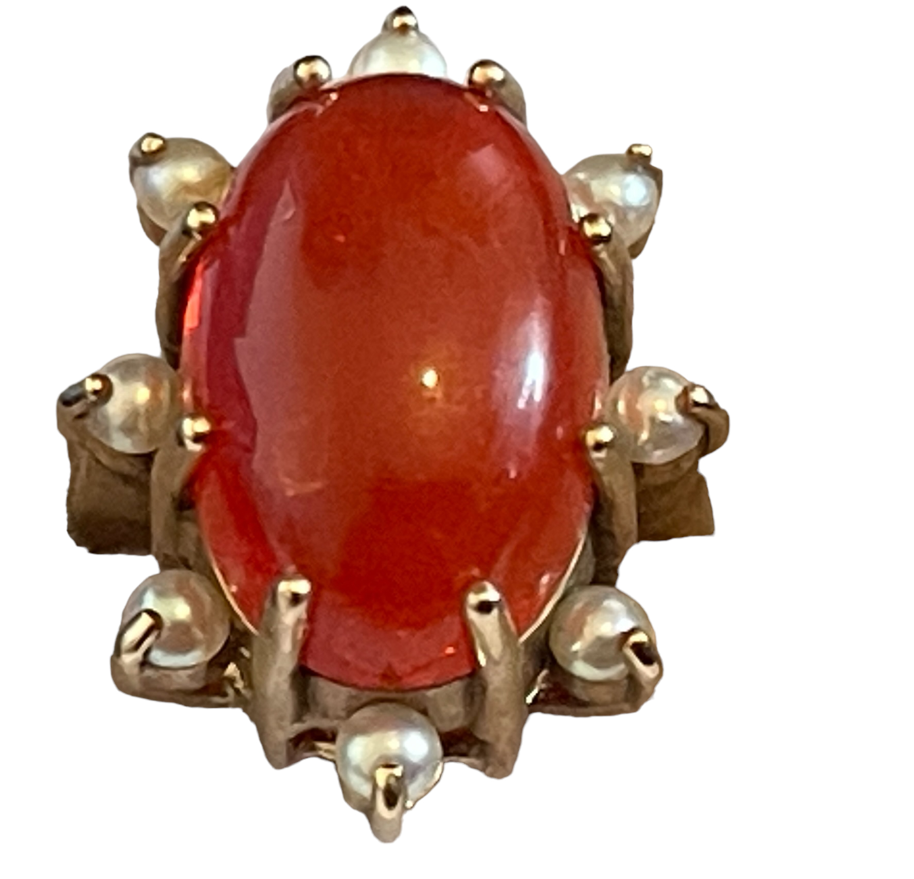 Vintage 9ct Gold, Carnelian and Pearl Ring - UK size (N 1/2) US size (7) with ring head 25x18mm