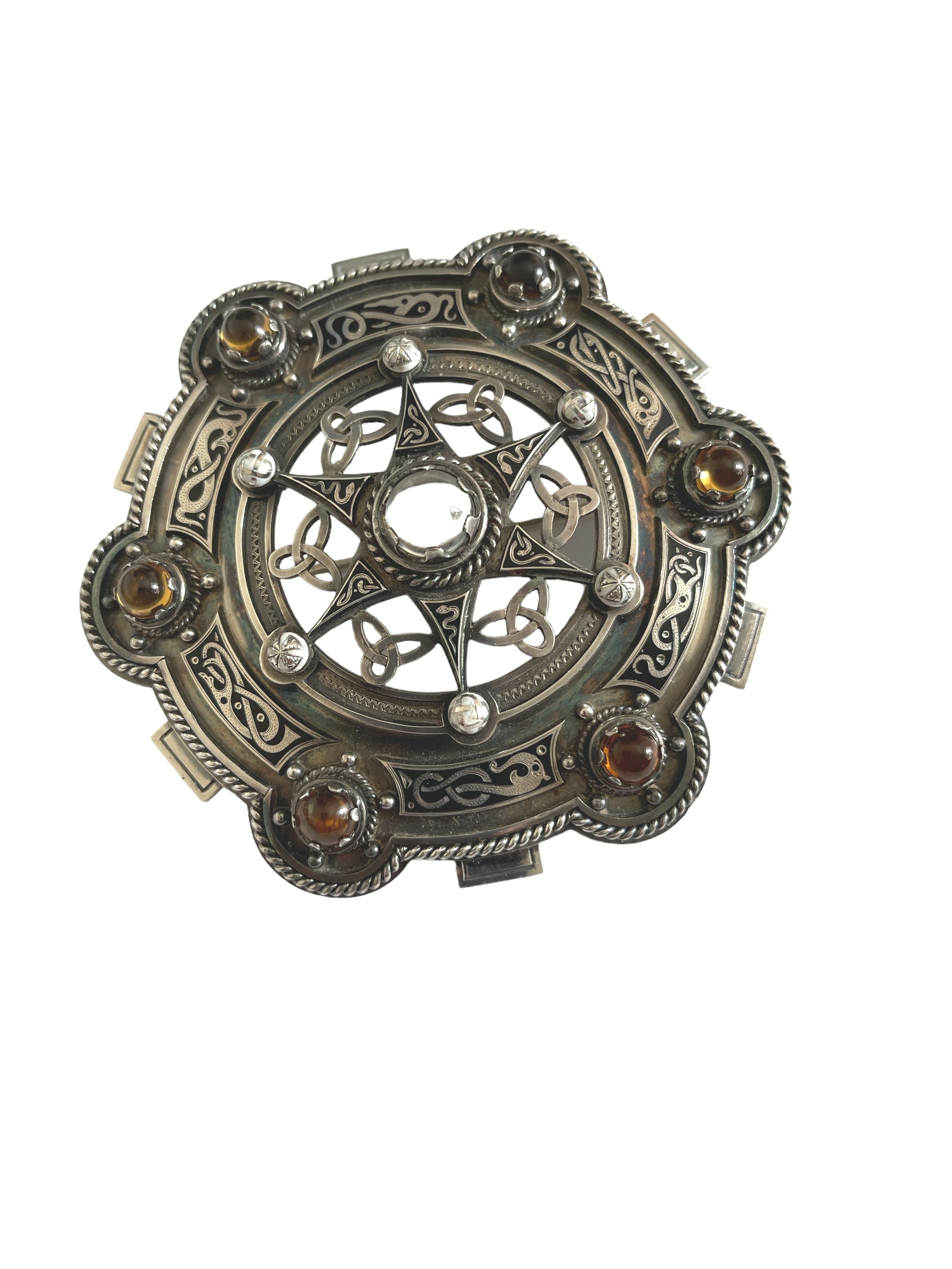 Large Important Antique Scottish Silver and Gemstone Brooch - 107mm dia - Cunningham Clan.