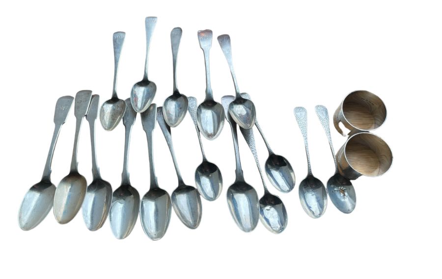 Lot of Silver Spoons and Napkin Rings 300 grams.