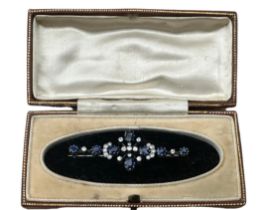 Antique/Vintage Boxed Platinum, Diamond and Sapphire Brooch - approx 53mm long x 19mm wide.