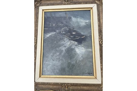 Trio of Antique Oil on Board Dutch Marine Paintings by Van Hin?. - Image 8 of 13