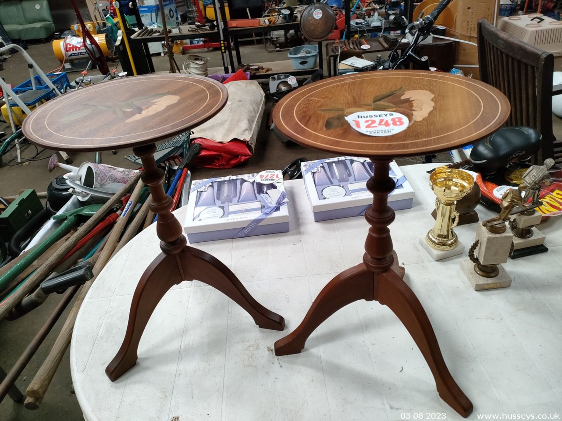 PAIR OF FLORAL MARQUETRY INLAID TABLES ON TRIPOD BASE