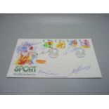 A 1988 Royal Mail First Day Cover with six World Cup 1966 winners autographs, Alf Ramsey, Bobby