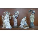 Four Lladro figures of oriental women, two a/f