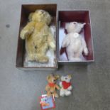 Two Steiff Teddy bears and Steiff bear key rings