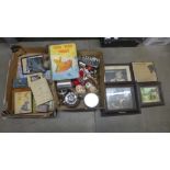Two boxes of assorted items, oak framed pictures, tins, dominoes, etc. **PLEASE NOTE THIS LOT IS NOT