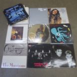 Ten vinyl LP records and six 12" singles, techno and rock including The Cure, Kate Bush, OMD, The