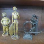 Two resin figures of Sancho Panza and Don Quixote and two metal figures