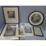 Three Wilfred Stephens etchings, framed, together with one unframed with an accompanying letter from