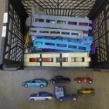 Die-cast model vehicles including four car transporters, three Corgi and one Dinky, cars include