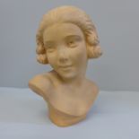 An Art Nouveau clay bust of a lady, early 20th Century, signed P. Dumont, 19cm