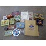 A box of British Royalty commemorative tins, 1953 Coronation, 1937 Coronation and others, some in