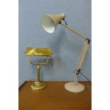 A taupe metal anglepoise desk lamp and a brass student's desk lamp