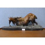 A French style painted bronze figure of a moose, on black marble socle